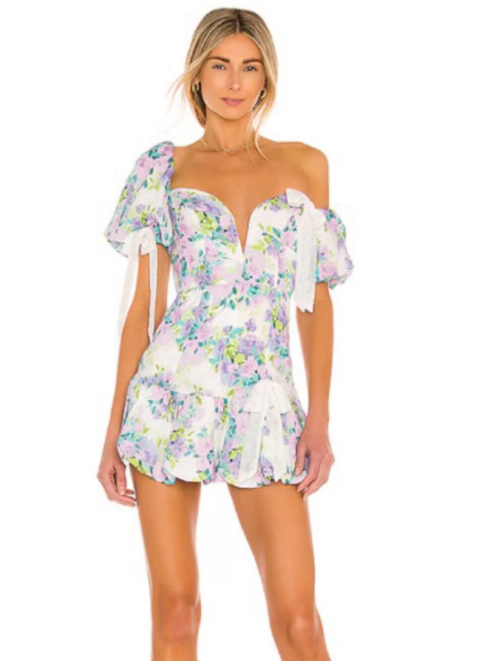 NWT For Love & Lemons Alice Floral Mini Dress Lavender/White Size Medium